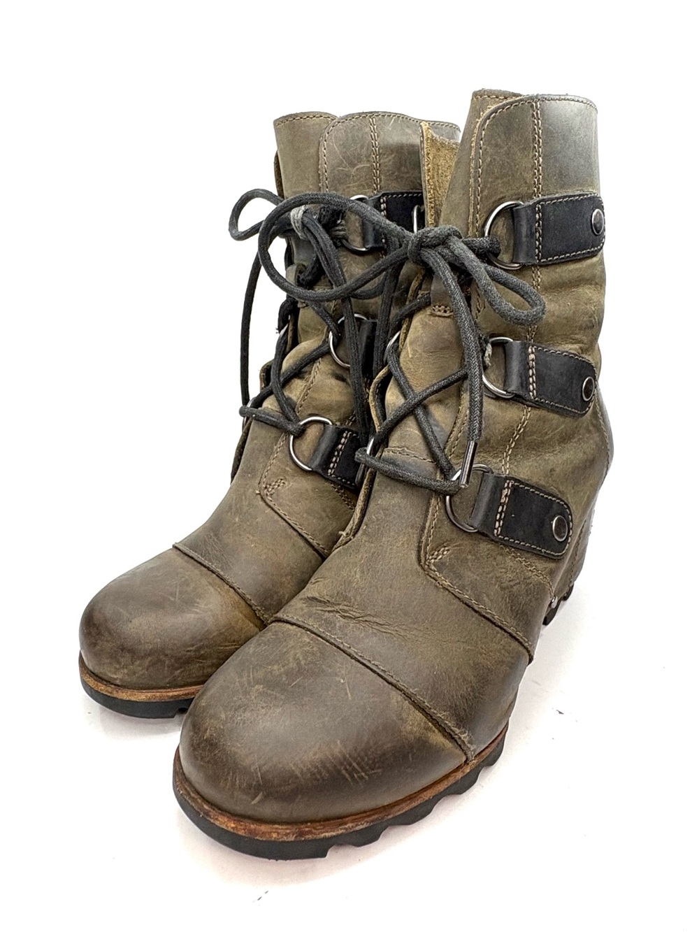 Sorel Women's Joan of Arctic Wedge Mid Olive Leather Boots  | 7.5